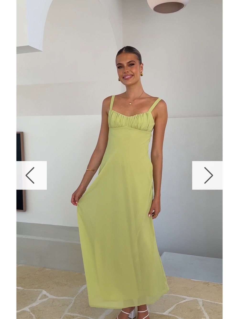 Lime Green Ruched Bust Maxi Dress with Thin Straps